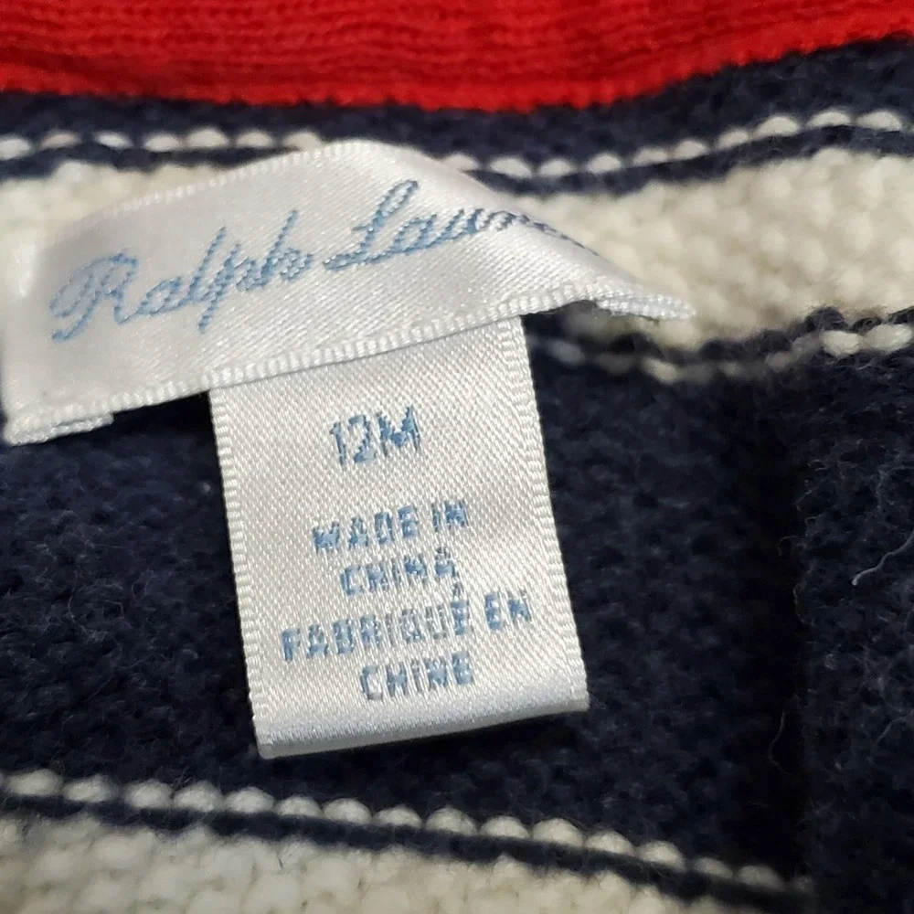 Ralph Lauren Blue White Striped Knit Hooded‎ Sweater Cardigan Baby Boy 12 months